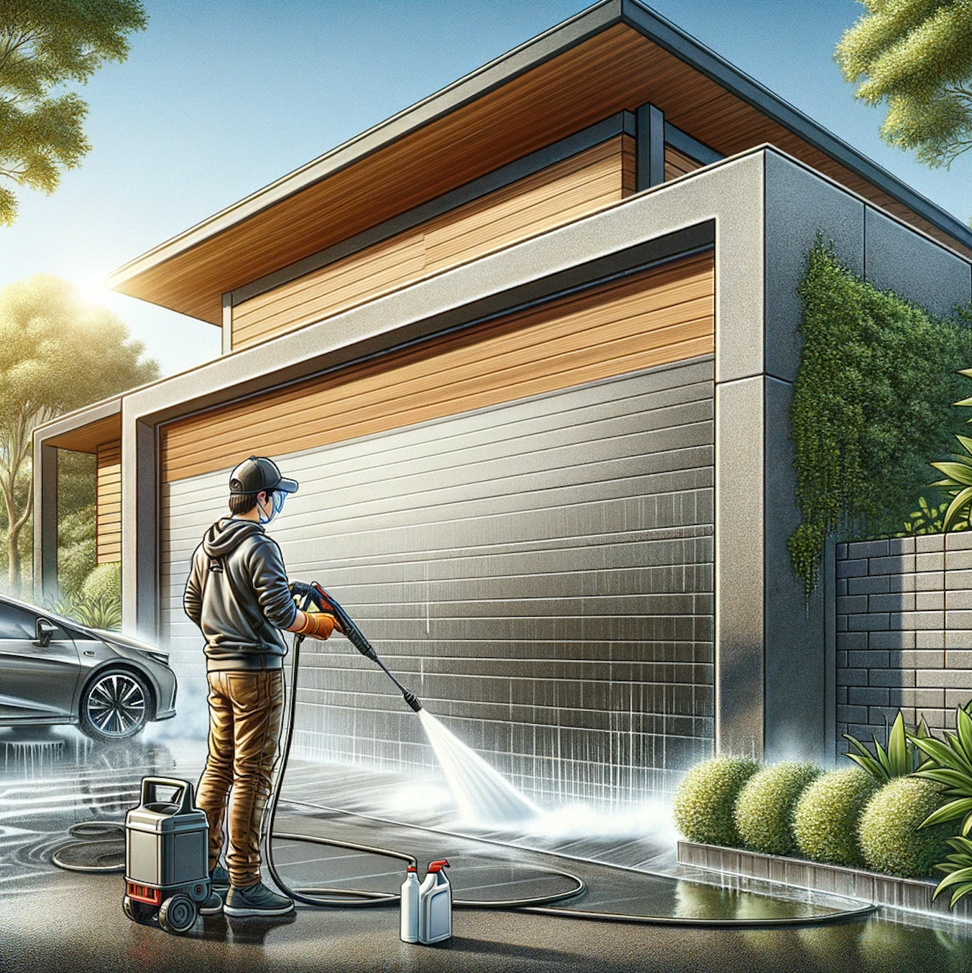 Softvask vasker garasjen din. Fasadevask av garasjen. Bli kvitt grønske og svartsopp på garasjen din